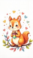 Fototapeta premium Cute cartoon squirrel holding an acorn with colorful hearts