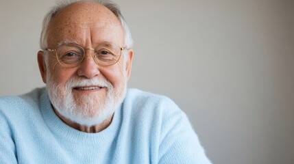 Obraz premium Gentleman's Smile: A portrait of a kind, elderly gentleman with glasses and a neatly trimmed white beard, exuding warmth and wisdom. His gentle smile speaks volumes about his life experiences. 