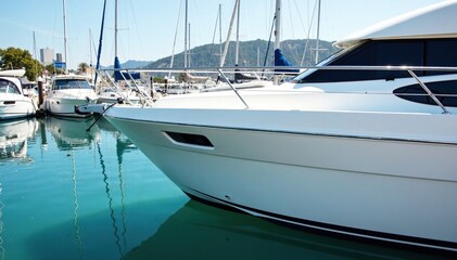 Black windowed yacht docked in marina with chrome railing on white fiberglass bow, boat, chrome, vessel