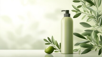 Elegant Green Bottle with Olive Leaves - Natural Beauty Product