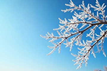 Frosty branches stretch towards clear blue sky, solitary, frozen