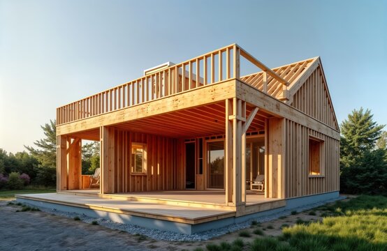 Modern wooden house extension under construction. Large windows, terrace part of design. Framing visible with wooden beams, supports. House incomplete but shows eco-friendly construction method using