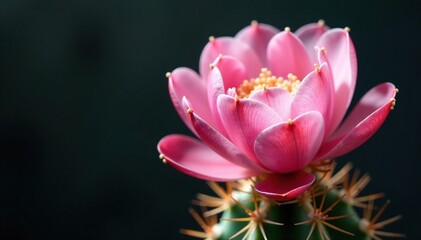 Obraz premium Delicate pink petals unfolding on a cactus stem, botanical, bloom