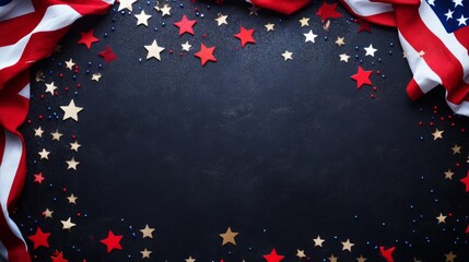 patriotic flat lay with American flag and stars on dark background, high detail, festive and elegant, Independence Day theme, warm and inviting design