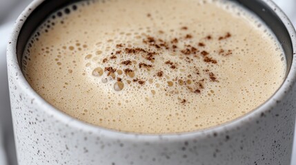 Creamy frothy drink, cinnamon topping, close-up, kitchen background, food photography