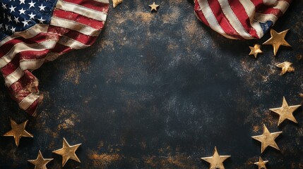 patriotic flat lay with American flag and stars on dark background, high detail, festive and elegant, Independence Day theme, warm and inviting design