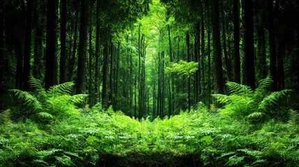 Obraz premium Lush green forest path, sunlight filters through trees, ferns at the edges, peaceful nature scene, ideal for backgrounds