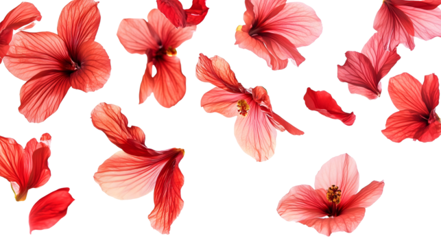 red hibiscus flowers flowing ai mid air isolated png transparent background