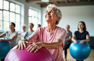 Group of seniors exercising with fitness balls in gym. Smiling elderly woman participates. Active lifestyle, osteoporosis prevention central themes. Indoor setting suggests health club community