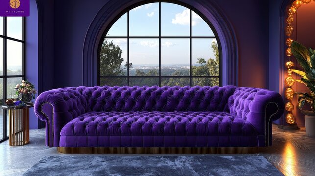 Luxurious purple velvet sofa in a modern room with arched window and city view. - Powered by Adobe