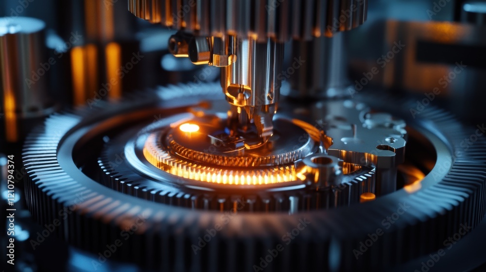 Poster intricate clockwork mechanism featuring rotating gears, emitting a warm orange glow, highlighting th