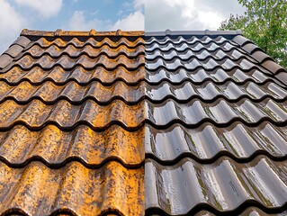 Before and after visuals a roof transformed by professional cleaning, showing shiny tiles.