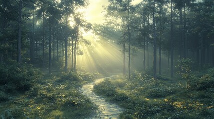 Obraz premium Sun rays illuminate a misty forest path.