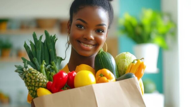 Smiling Woman Holding a Bag of Fresh Produce
