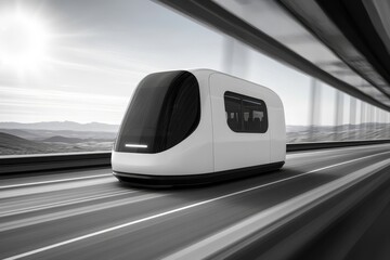 Fototapeta premium The sun sets brightly as a modern, comfortable tourist bus travels down the highway, symbolizing the experience of travel and coach tourism