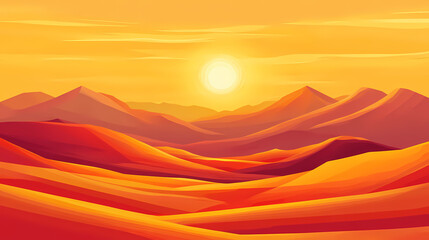 A vast desert landscape at sunset, with golden sand dunes casting long shadows under the fiery orange sky. Fiery Sky. Illustration
