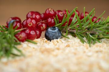 delicious fresh sweet fruit cake decorated with currants and blueberries