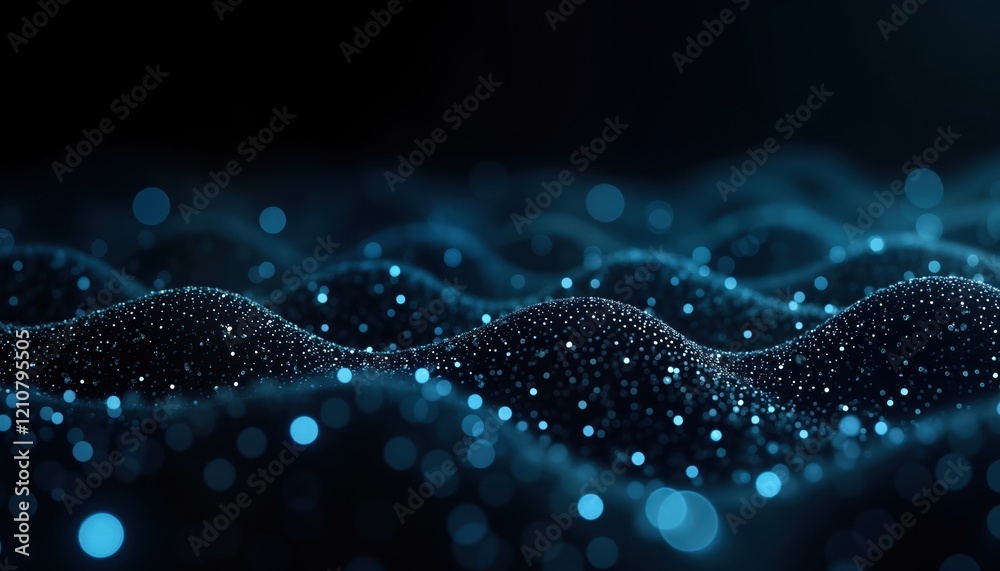 Poster abstract futuristic illustration of data network. blue glowing particles form wavy patterns, shapes 