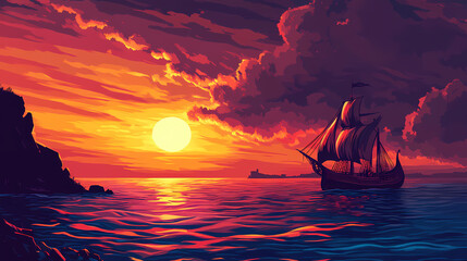 A viking ship moves across the ocean toward a fiery sunset, the sky ablaze with warm colors, as the crew stands ready for the journey ahead under the glowing horizon. Fiery Sky. Illustration