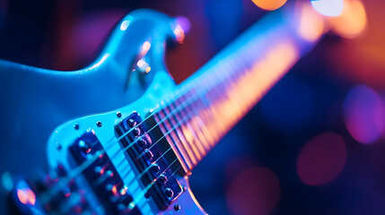 Naklejka premium Macro Close-Up of Electric Guitar in Vibrant Stage Lighting with Blue and Purple Bokeh Effects : Generative AI