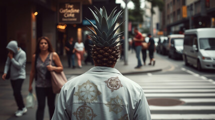 Obraz premium Man with Pineapple Instead of Head in Urban Street Scene