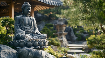Obraz premium Stone Buddha Statue in Tranquil Japanese Zen Garden with Greenery : Generative AI