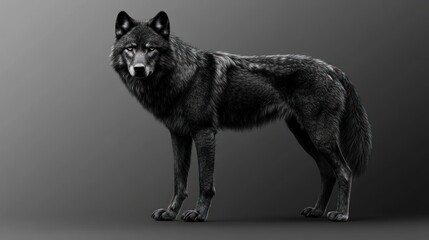 Fototapeta premium A majestic full body illustration of a black wolf standing against a solid grey background