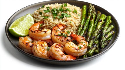 Balanced dinner plate with shrimp asparagus quinoa lime and portion guide