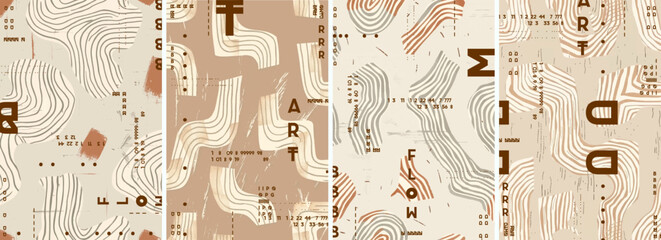 A set of four abstract posters in earthy tones. The pattern is designed for use as a background texture or design element on various products such as stationery, packaging, wallpaper, posters, etc.