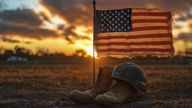 military boots, a camouflage helmet and an American flag on a flagpole stand on a field against the background of a sunset sky with clouds. The symbol of military operations, Veterans Memorial Day.
