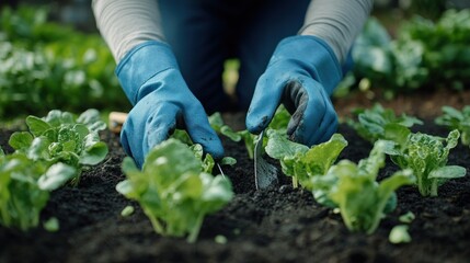 Gardener planting lettuce seedlings in garden