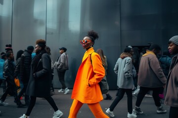 A woman in vibrant attire stands out amidst a sea of grey. Her bold fashion choice underscores individuality in the urban landscape, capturing the essence of modern street style.