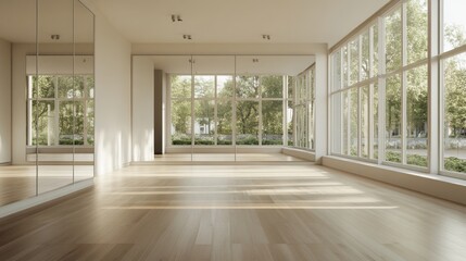 Fototapeta premium Empty Modern Interior with Large Windows and Mirrored Walls