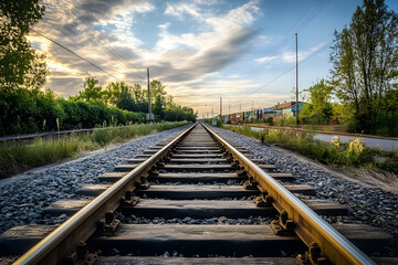 Fototapeta premium Sunset Railway Tracks Perspective Leading to Infinity in Scenic Landscape : Generative AI