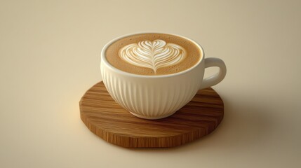 Latte art coffee cup, wooden coaster, beige background, cafe menu