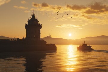 Sunset view of Kiz Kulesi, the Maiden's Tower, with Istanbul as the backdrop