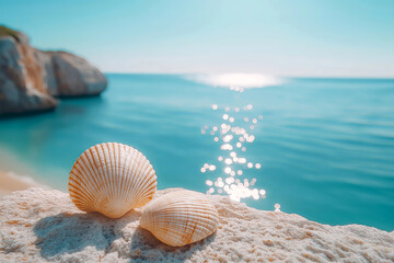 Sea shells on a rock beside the tranquil ocean under a clear summer sky. Sea shells on a rock with perfect sea view, summer travel concept. Family travel. Happy summer holidays, child free holiday