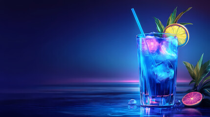 Blue lagoon cocktail with a glowing neon hue, on a bright electric blue background, vibrant and electrifying. Glowing Lagoon. Illustration