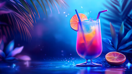 Blue lagoon cocktail with a glowing neon hue, on a bright electric blue background, vibrant and electrifying. Glowing Lagoon. Illustration