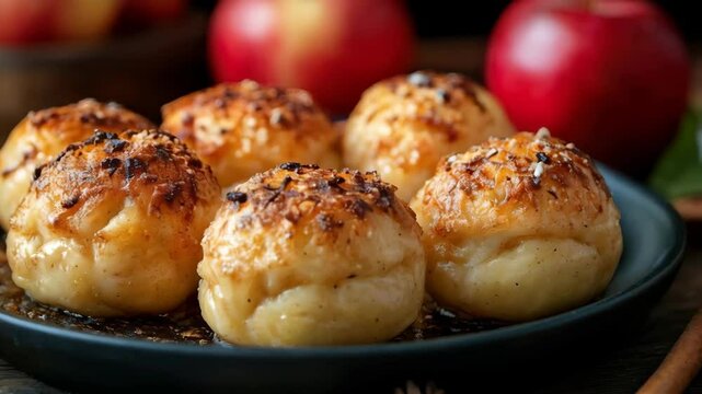 Hot baked apple pastries cooling on rustic table with fresh apples