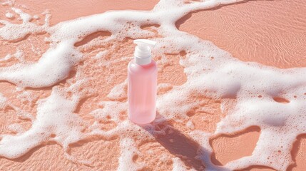 Fototapeta premium Artistic shot of sunscreen spray bottle on a coral pink surface.