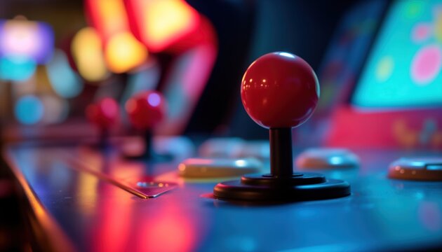 Close-up arcade game machine. Joystick, buttons in focus. Blurred background with vibrant colors. Vintage video game concept. Gaming action. Lively amusement. Interactive play. Old-school electronic