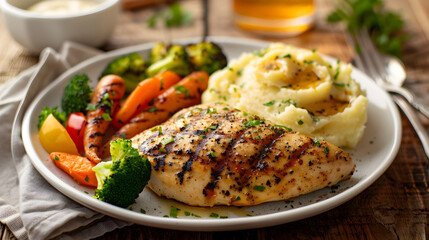 Delectable Grilled Chicken Dinner with Roasted Vegetables and Mashed Potatoes on a Rustic Table