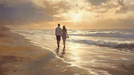 Naklejka premium portrait of young couple walking along beach, warm and inviting, soft natural light, high detail, romantic and peaceful atmosphere