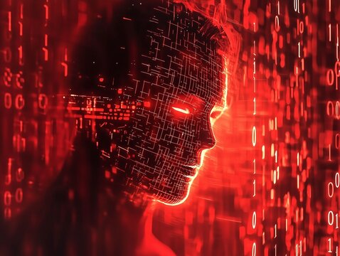 A faceless hacker in a red glow, with digital symbols and binary data swirling around