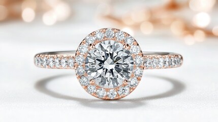 A close-up of a high-end diamond ring set in platinum, against a soft white background with highlights of gold.