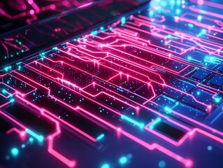 Bright neon circuits connecting futuristic technology through laptop