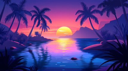 Serene tropical island cove at dusk with reflecting palm trees and sunset glow. Glowing Lagoon. Illustration