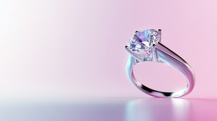 A close-up shot of a diamond ring with a modern design, lying on a gradient white to purple background.