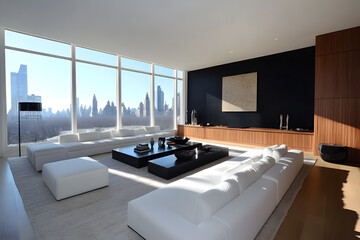 Open-plan living area with modular sofas, natural wood cabinetry, and a blend of black and white tones enhancing modern aesthetics